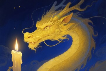 Golden dragon gazing at a lit candle against a starry night sky