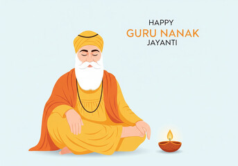 Happy Guru Nanak Jayanti Celebration: Guru Nanak Dev Ji Meditating with Diya Light. AI Generated