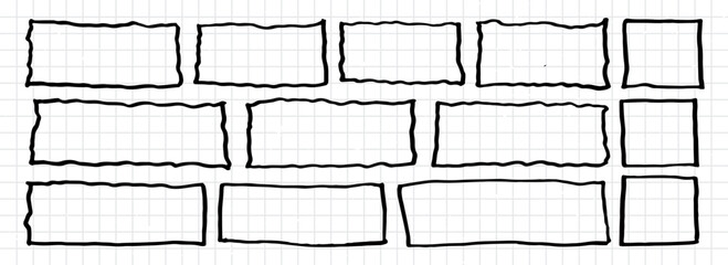 Black frames on grid paper pattern background. Notebook graph texture elements. Black outlined rectangles and square cadres. Hand-drawn line boxes, school note templates. Vector sketch design set