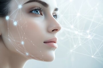 Portrait showcasing futuristic facial features with digital connections in soft lighting