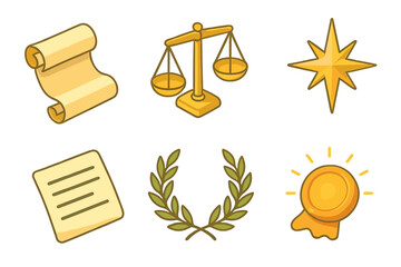 Fototapeta premium Principle Icon Set. Principle scroll isometric set. rolled parchment, balanced scales, guiding star, written lines, laurel wreath, glowing seal