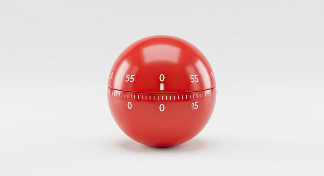 Red round timer with white numbers and ticks rests on a white surface