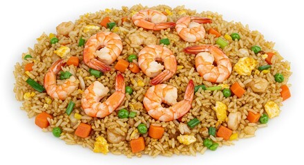 Shrimp fried rice on a white background The rice includes chopped vegetables