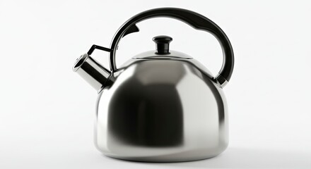 Silver kettle with a black handle and spout on a white background