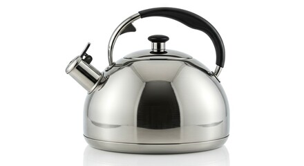 Silver kettle with a black handle on a white surface