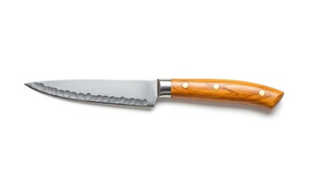 Silver kitchen knife with a wooden handle on a white surface
