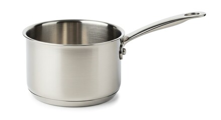 Silver saucepan round with a long handle on a white surface