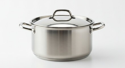 Silver pot with lid featuring handles and a clean minimalist design on a bright plain background