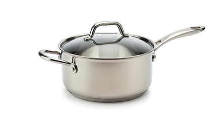 Silver saucepan with glass lid  long handle sits on a white background