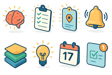 Memory Icons Collection. Helpful memory isometric set. highlighted brain, glowing checklist, reminder card, ringing bell, sticky notes stack, idea spark, calendar day, task