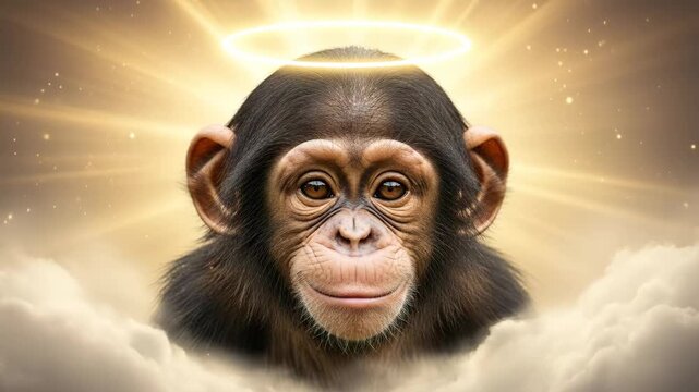 Angelic Monkey Portrait - A close-up studio portrait of a young chimpanzee with a golden halo above its head.