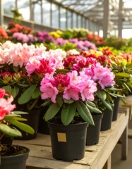 Vibrant rhododendron display in a greenhouse
