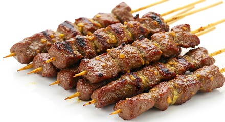 Skewered beef cubes grilled and glistening arranged in parallel lines on a reflective white surface