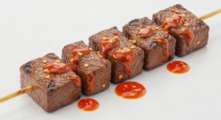 Skewer of grilled meat cubes with chili sauce topped with red pepper flakes