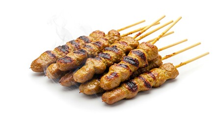 Skewered meat Rows of grilled light brown meat kebabs with dark grill marks rest on wooden sticks Some steam is visible