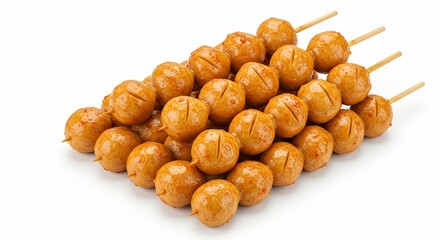 Skewered meatball pile glossy scored spheres on wooden sticks arranged on a white surface