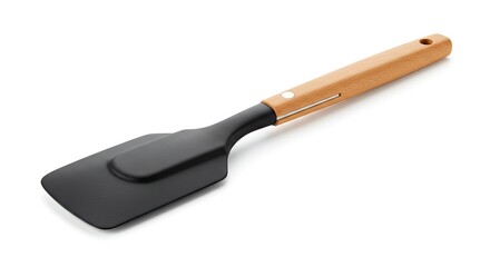 Spatula black flexible head light wood handle metal trim circular hole at the top smooth surface no background