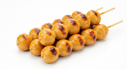Skewered meatballs grilled with slight char marks and served on a plain white surface