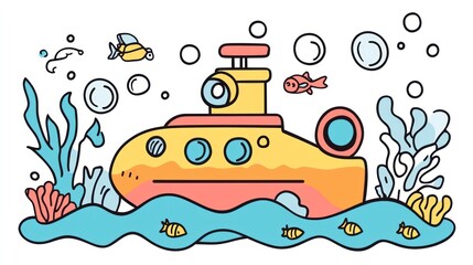 Submarine Undersea with Fish, Bubbles and Plants, a Cartoon Style Drawing
