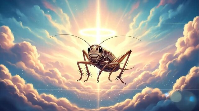 Angelic Cricket Cartoon - A cartoon cricket hovers among fluffy clouds with a divine halo above its head, illuminated by a bright light.