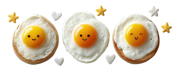 Cheerful breakfast scene featuring three smiling fried eggs on toasted bread with stars and hearts