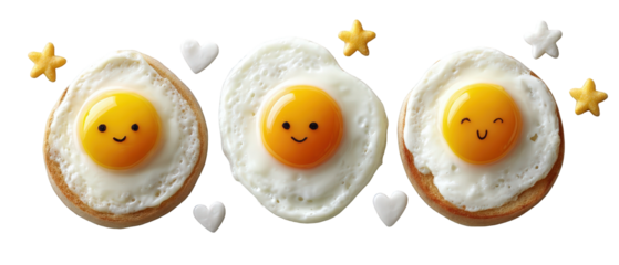 Cheerful breakfast scene featuring three smiling fried eggs on toasted bread with stars and hearts