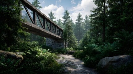 Fototapeta premium A wooden bridge crosses a forest stream surrounded by lush greenery and tall trees under a bright sky