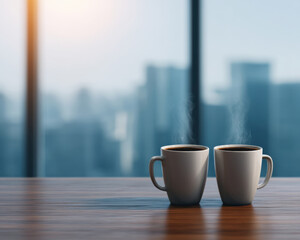 Know Customer Bonding Social Concept, Two coffee cups wooden table beside window overlooking city skyline know customer social bonding cozy modern
