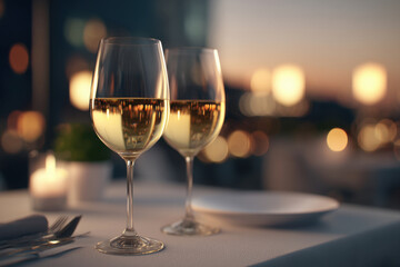 Know Customer Bonding Social Concept, White wine elegant glass table for social customer bonding with romantic candlelight dinner know dining