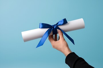 Student holding rolled diploma with ribbon on light blue background, closeup
