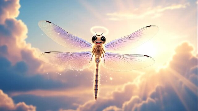 Cartoon Dragonfly Angel in the Sky - This video features an adorable cartoon dragonfly character with a halo, set against a backdrop of fluffy clouds and radiant sunbeams.