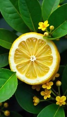 Serene Lemon Still Life Halved Lemon with Pulp, Lush Green Leaves, and Yellow Blossoms