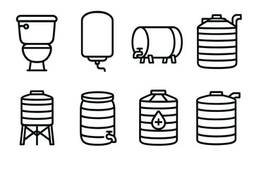 Household Tank Icons. Household tanks outline set. bathroom water tank, kitchen water tank, small storage tank, garden tank, overhead tank, backyard barrel, filtered tank