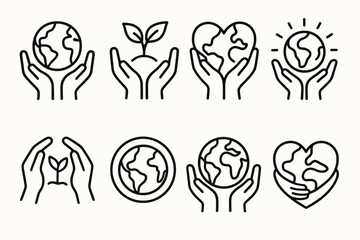 Hands Holding Earth. Sustainable earth outline set. green planet in hands, open palms with sprout and globe, heart earth with hands, glowing world held, hands protecting nature