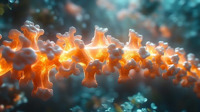 Abstract orange DNA helix glowing with light in macro view