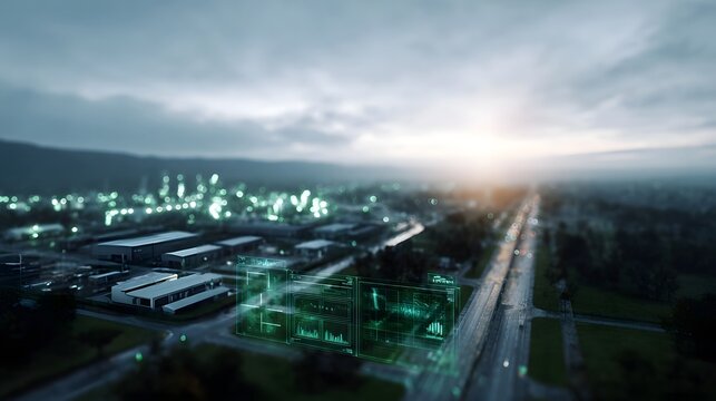 Futuristic digital interface over illuminated industrial park displaying smart system data visualization at twilight - Powered by Adobe