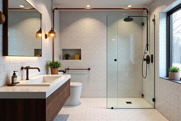 Modern Industrial Bathroom Design Exposed Copper Pipes, Grey Subway Tiles, Minimalist Vanity, Walk-in Shower