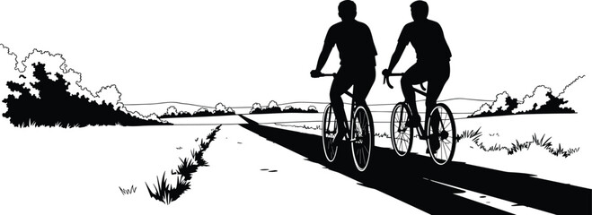 Silhouette cyclists riding bicycles on countryside road with scenic hills, grassy fields, outdoor activity vector illustration for travel, fitness, and lifestyle