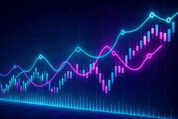Abstract Neon Stock Market Candlestick and Line Graphs with Circles on Dark Blue Grid finance chart