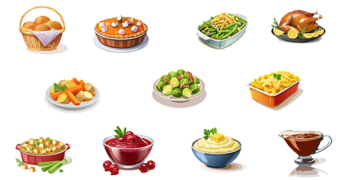 Holiday Feast Vector Set &mdash; Realistic Festive Dinner Dishes and Traditional Seasonal Food Illustrations