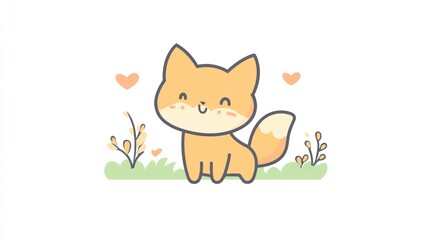 Obraz premium Happy fox cartoon, meadow background, spring design, children's book