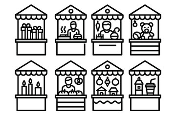 Naklejka premium Festive Market Stalls. Festive stalls outline set. gift stall, food stall, craft stall, toy stall, candle stall, bakery stall, ornament stall, drink stall.