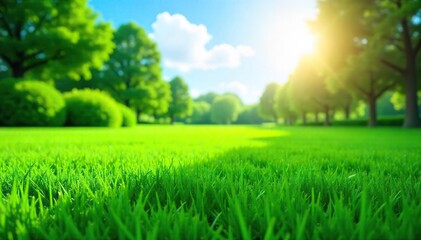 Perfectly Manicured Lawn Stretching to the Horizon Under a Bright Sunny Sky, Ideal for Backgrounds, Websites, and Presentations.  Evokes Tranquility and a Vibrant Natural Feel.
