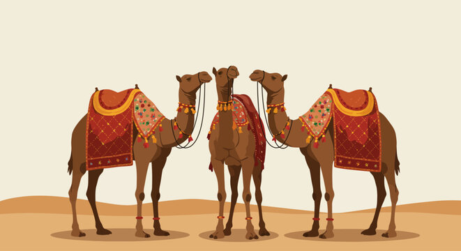 A vibrant flat design vector illustration showcasing beautifully adorned camels, central to the Pushkar Camel Fair, standing majestically in a desert landscape. 