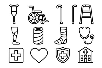Medical Icon Set. Crutch pair outline set. crutch, wheelchair, cane, walker, prosthetic leg, bandage, cast, stethoscope, cross symbol, heart, shield, hospital.