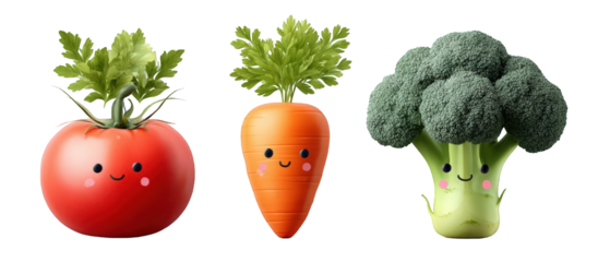 Cheerful cartoon vegetables?tomato, carrot, and broccoli?set against a bright background, emphasizing freshness