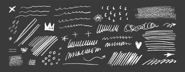 Chalk brush line sketch. Grunge punk doodles. White crayon texture handdrawn scribbles, arrow, stars, heart, crown and squiggles. Kids school vector graffiti icons, rough line sketchy marker stroke bg
