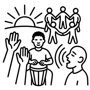 Harambee Sunrise Unity. Harambee chant outline set. raised hands, rhythmic drum, unity circle, singing face, echo waves, sunrise horizon