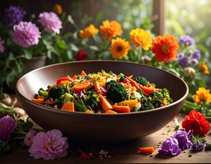 Colorful vegetable salad in a bowl with flowers in background, healthy food
