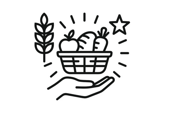 Nourishment and Unity. Zero hunger outline set. wheat sheaf, food basket, supportive hand, glowing star, shared meal, radiant aura